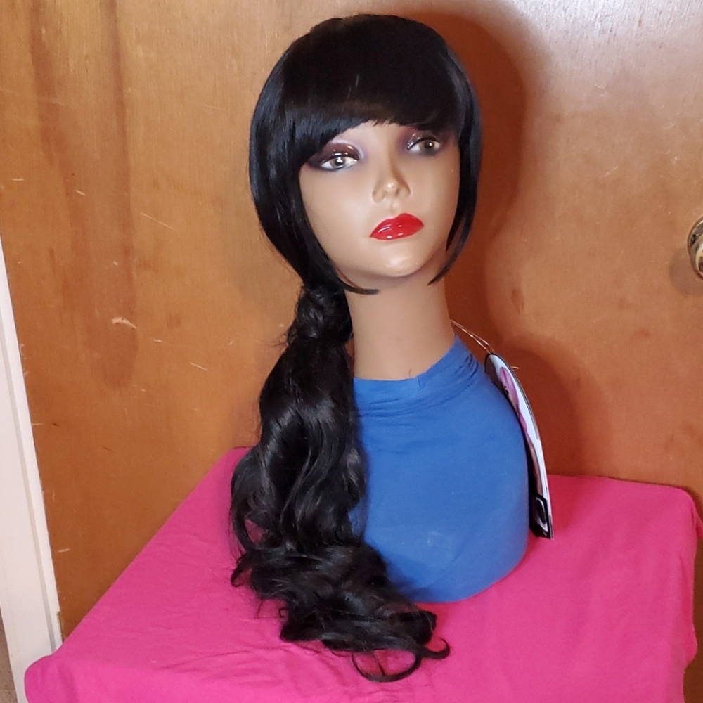 Long Black Wig With Bang And Ponytail Wrap